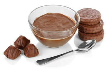 Bowl of chocolate and sweets isolated on white