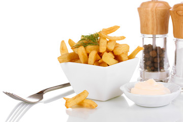 French fries in bowl isolated on white