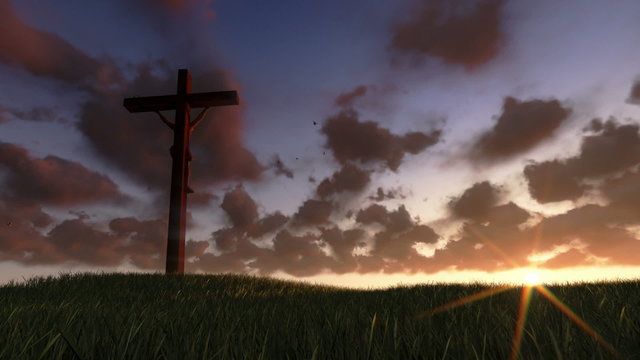 Jesus on Cross, meadow and timelapse sunrise