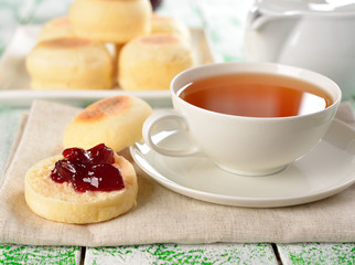 Traditional English muffins on a white table