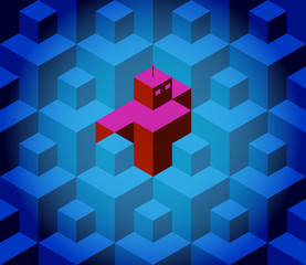 Retro robot is hiding between the isometric cubes