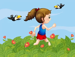 Papier Peint photo Lavable Oiseaux, abeilles Une fille marchant dans le jardin avec des oiseaux