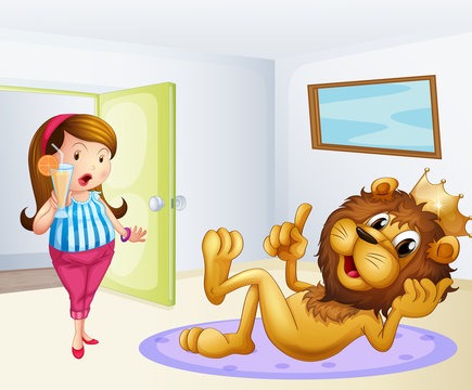 A fat lady and a lion inside a room