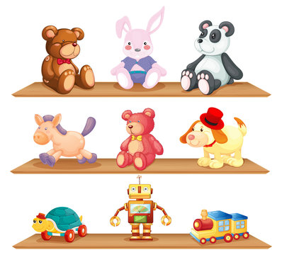 Wooden shelves with different toys