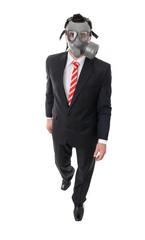 Business man with gas mask walking, isolated on white