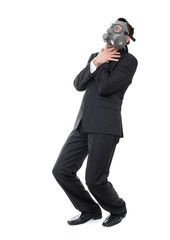 Choking business man with gas mask, isolated on white