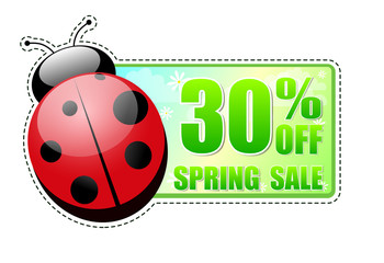 30 percentages off spring sale green label with ladybird