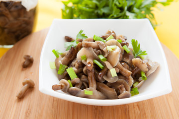 canned mushrooms in a white salad bowl