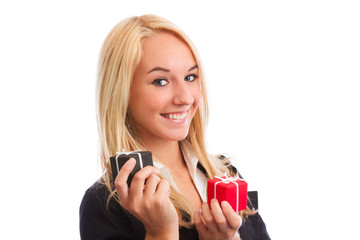 Young woman with two present boxes closeup