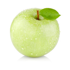 Single juicy green apple with leaves and drops of water isolated