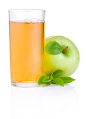 Apple juice in glass and green juicy apple with green leaf on wh
