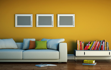 Sofa vor gelber Wand
