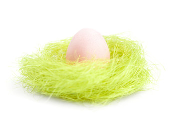 Egg is in the nest of green sisal fibre, isolated on white