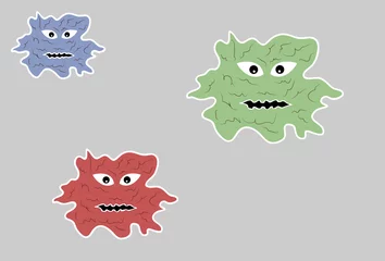 Crédence de cuisine en verre imprimé Créatures bactéries ou virus en trois couleurs et tailles différentes