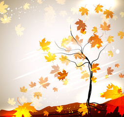 Autumn vector background with a tree and flying leaves