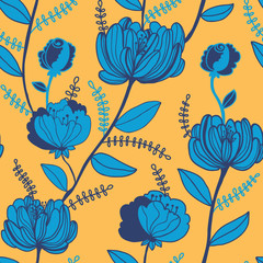 Colorful seamless pattern with blue flowers