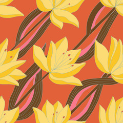 Beautiful red seamless pattern with yellow flowers