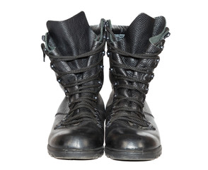 Black leather army boots isolated on white background