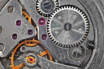 Inside the clock (watchwork), antique vintage clock mechanism