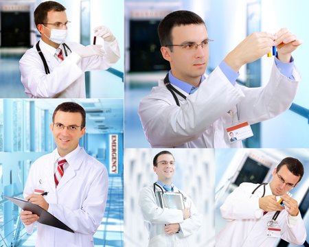 Set (collage) of young  doctor   in Hospital.