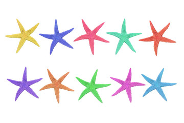 Fototapeta na wymiar dziesięć kolorowe rozgwiazdy na białym tle