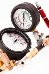 pressure gauge and tools isolated on white