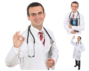 Fototapeta premium Set (collage) of young doctor in Hospital.Isolated over white