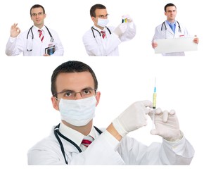 Set (collage) of young doctor in Hospital.Isolated over white