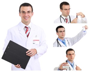 Set (collage) of young doctor in Hospital.Isolated over white