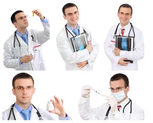 Set (collage) of young doctor in Hospital.Isolated over white