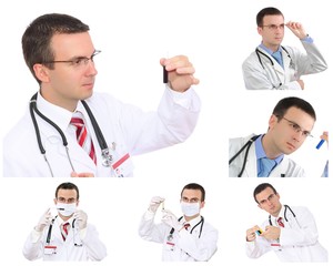 Set (collage) of young doctor in Hospital.Isolated over white