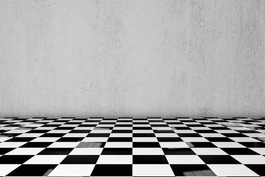 Raum mit Rauputz und Schachboden Muster - 3D Render