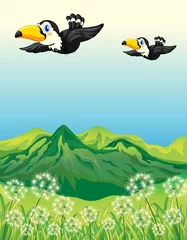  Twee vogels vliegen langs de bergen © GraphicsRF