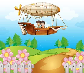 Rucksack Ein Luftschiff, das mit Kindern über die Hügel fährt © GraphicsRF