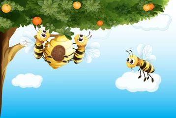 Poster Drie bijen met een bijenkorf © GraphicsRF
