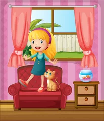 Keuken spatwand met foto Een meisje en een kat in een sofa © GraphicsRF