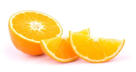 Fototapeta na wymiar Orange fruit slices on white background