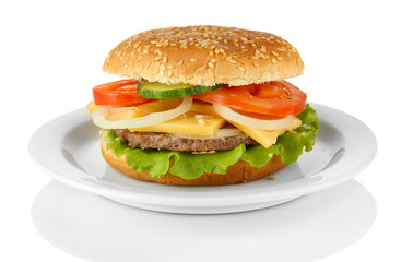 Tasty cheeseburger on plate, isolated on white