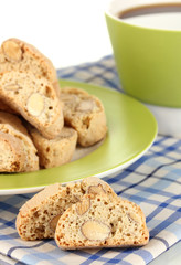 Aromatic cookies cantuccini and cup of coffee isolated on white