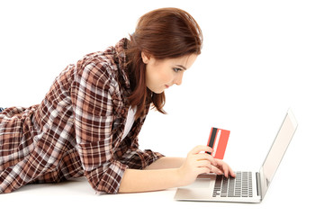 Beautiful young woman with laptop  isolated on white