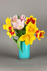 Beautiful tulips in bucket on grey background