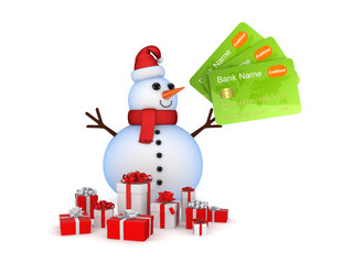 Snowman with credit cards and gift boxes.