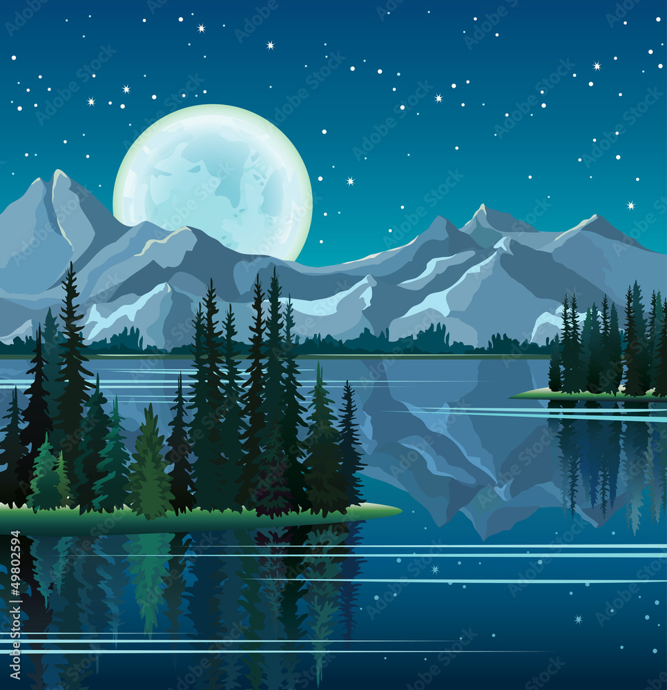 Wall mural pine trees and full moon reflected in water with mountains