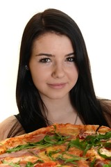 Young happy woman eating pizza, isolated on white