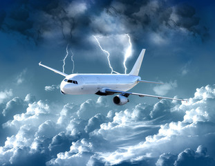 Airplane in the storm - obrazy, fototapety, plakaty