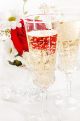 champagne with wedding flowers