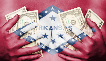 Sweaty girl covered her breast with money, flag of Arkansas