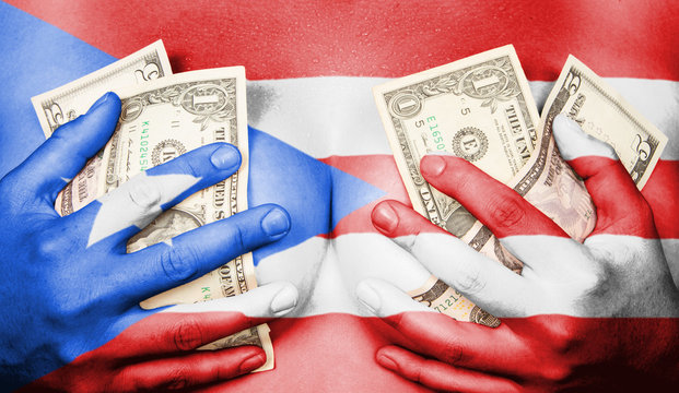 Sweaty girl covered her breast with money, flag of Puerto Rico