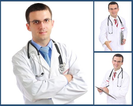 Set (collage) of doctor .Isolated over white background.