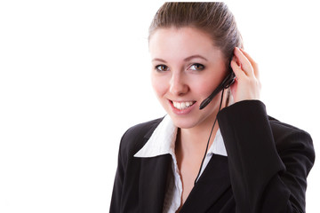 Young call centre employee smiling with a headset over white